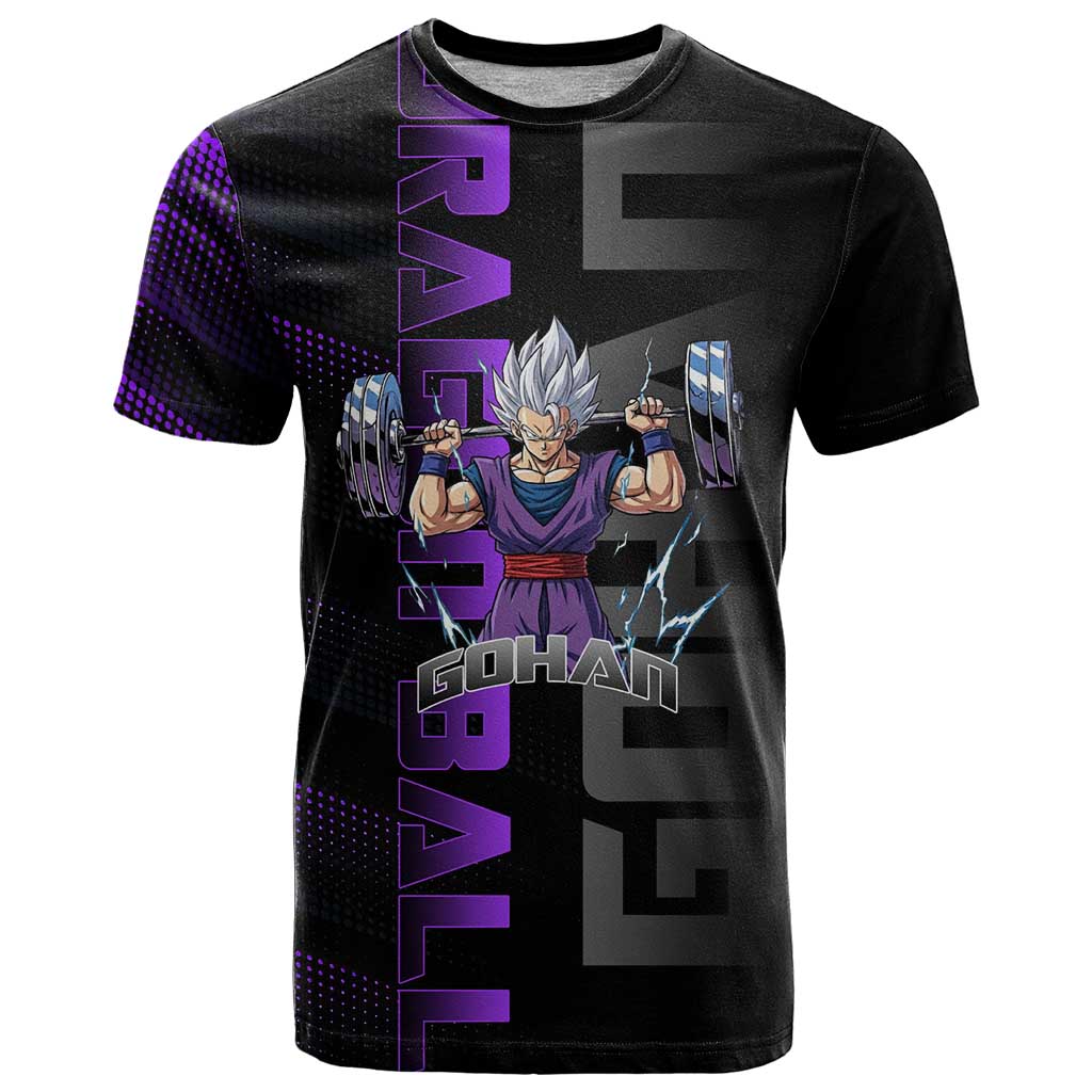 Gohan Dragon Ball Gym Theme T Shirt with Dumbbell Power Lift and Electric Aura on Black and Purple Design - The Mazicc