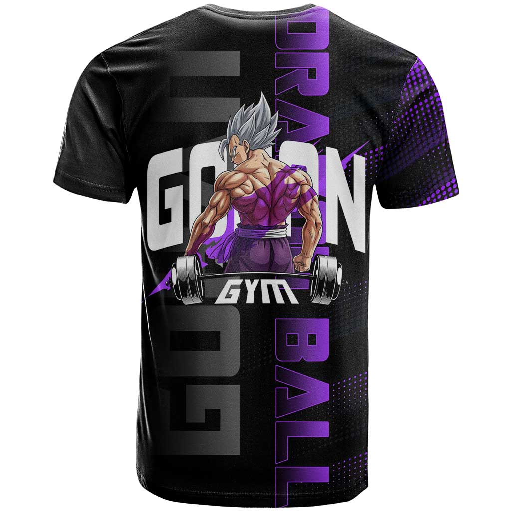 Gohan Dragon Ball Gym Theme T Shirt with Dumbbell Power Lift and Electric Aura on Black and Purple Design - The Mazicc