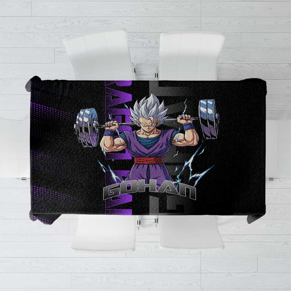 Gohan Dragon Ball Gym Theme Tablecloth with Dumbbell Power Lift and Electric Aura on Black and Purple Design - The Mazicc
