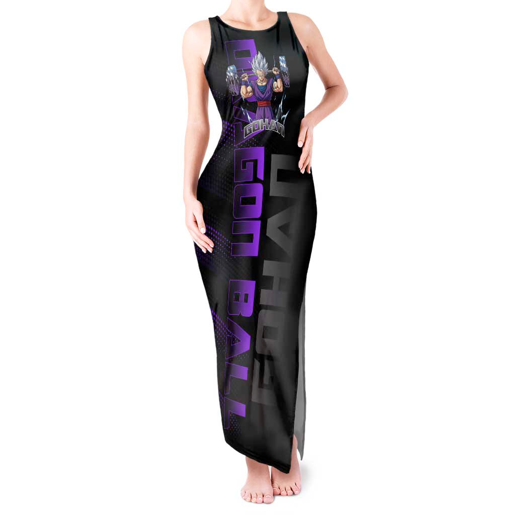 Gohan Dragon Ball Gym Theme Tank Maxi Dress with Dumbbell Power Lift and Electric Aura on Black and Purple Design - The Mazicc