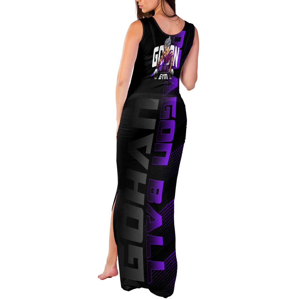 Gohan Dragon Ball Gym Theme Tank Maxi Dress with Dumbbell Power Lift and Electric Aura on Black and Purple Design - The Mazicc