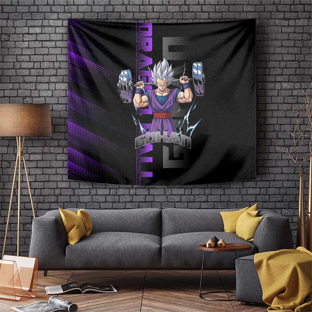 Gohan Dragon Ball Gym Theme Tapestry with Dumbbell Power Lift and Electric Aura on Black and Purple Design - The Mazicc