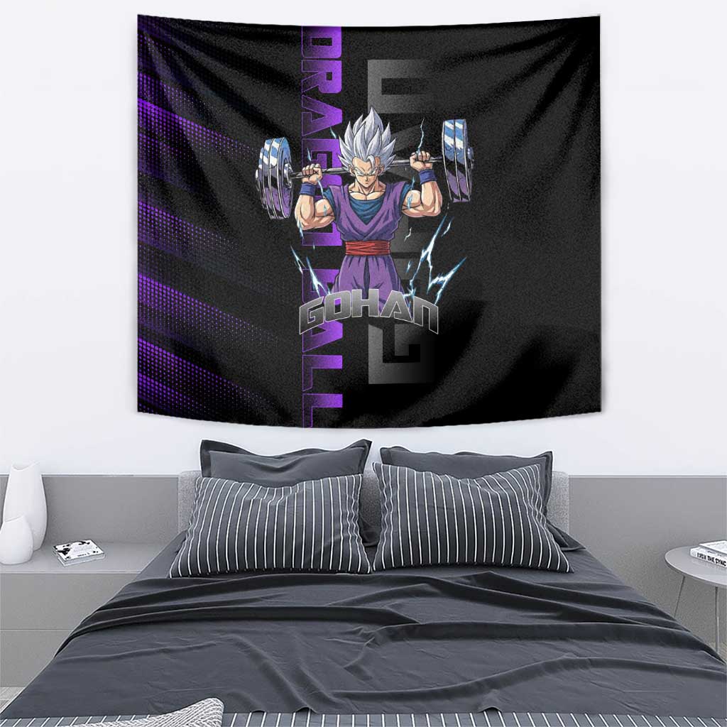 Gohan Dragon Ball Gym Theme Tapestry with Dumbbell Power Lift and Electric Aura on Black and Purple Design - The Mazicc