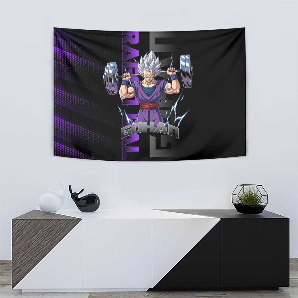 Gohan Dragon Ball Gym Theme Tapestry with Dumbbell Power Lift and Electric Aura on Black and Purple Design - The Mazicc