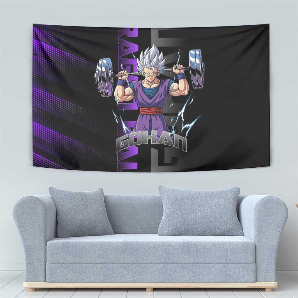 Gohan Dragon Ball Gym Theme Tapestry with Dumbbell Power Lift and Electric Aura on Black and Purple Design - The Mazicc