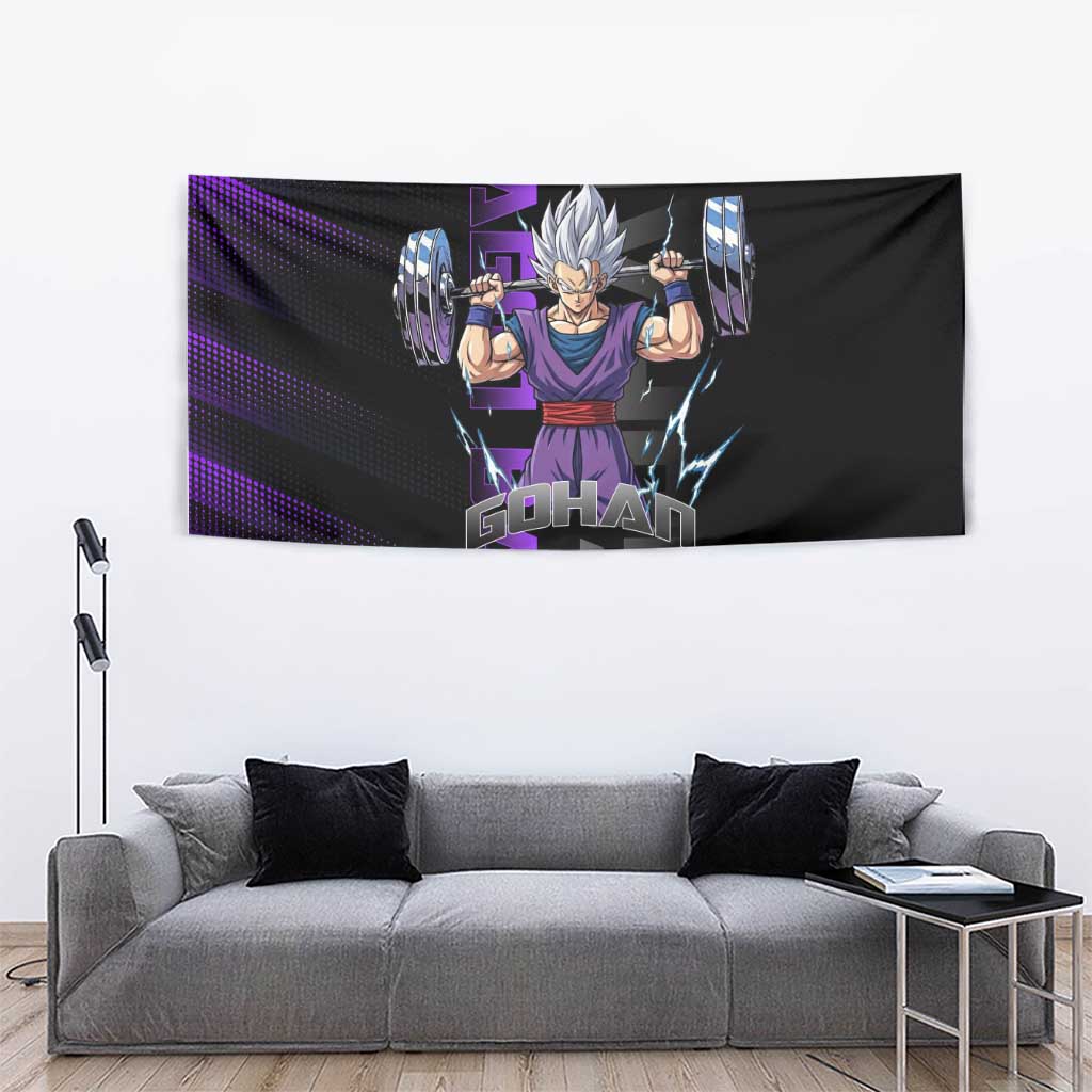 Gohan Dragon Ball Gym Theme Tapestry with Dumbbell Power Lift and Electric Aura on Black and Purple Design - The Mazicc