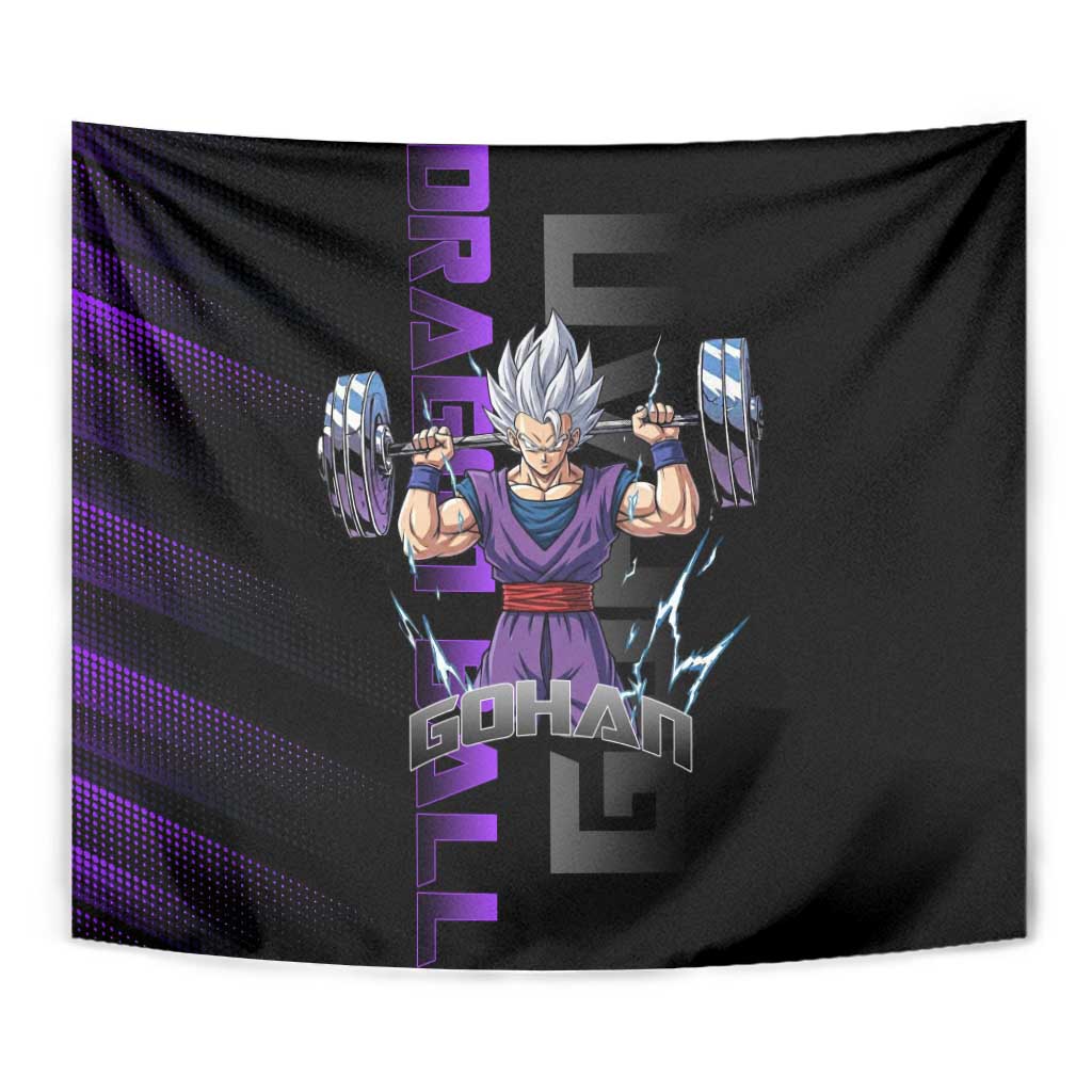 Gohan Dragon Ball Gym Theme Tapestry with Dumbbell Power Lift and Electric Aura on Black and Purple Design - The Mazicc
