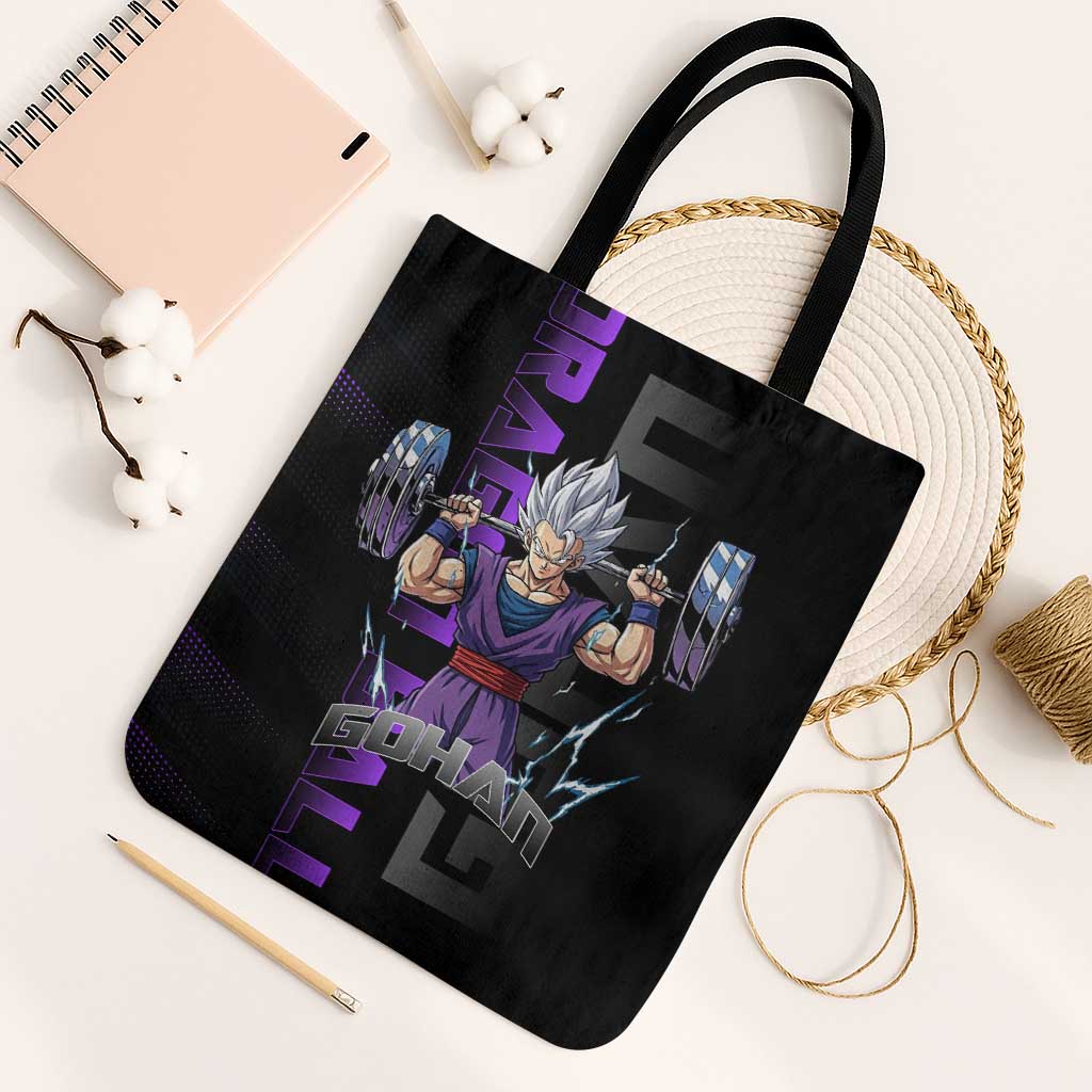 Gohan Dragon Ball Gym Theme Tote Bag with Dumbbell Power Lift and Electric Aura on Black and Purple Design - The Mazicc
