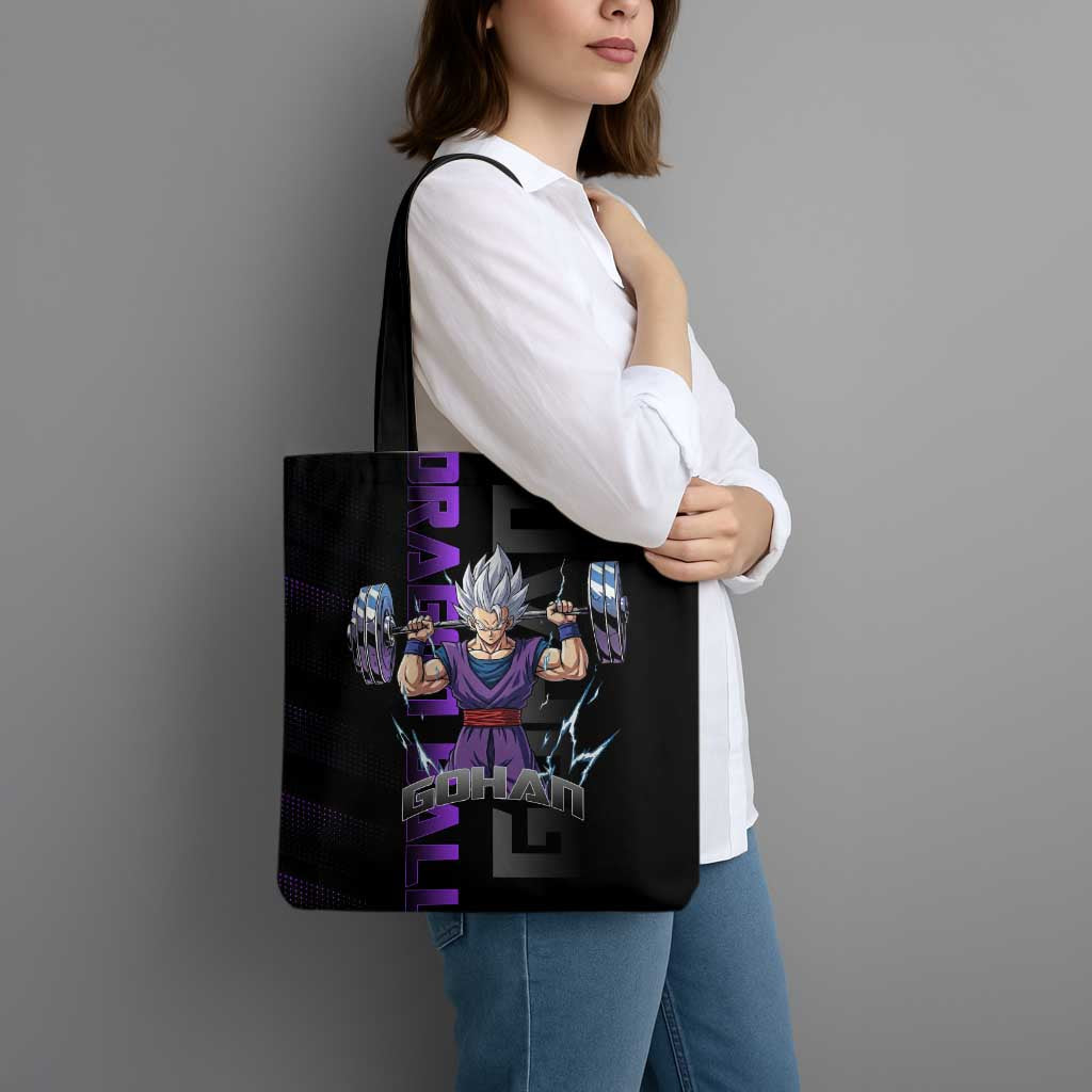 Gohan Dragon Ball Gym Theme Tote Bag with Dumbbell Power Lift and Electric Aura on Black and Purple Design - The Mazicc
