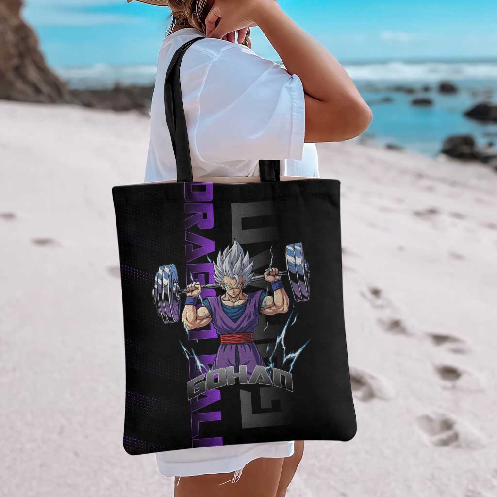 Gohan Dragon Ball Gym Theme Tote Bag with Dumbbell Power Lift and Electric Aura on Black and Purple Design - The Mazicc
