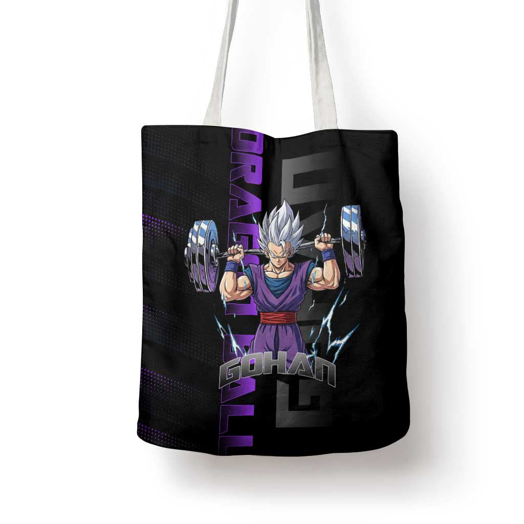 Gohan Dragon Ball Gym Theme Tote Bag with Dumbbell Power Lift and Electric Aura on Black and Purple Design - The Mazicc