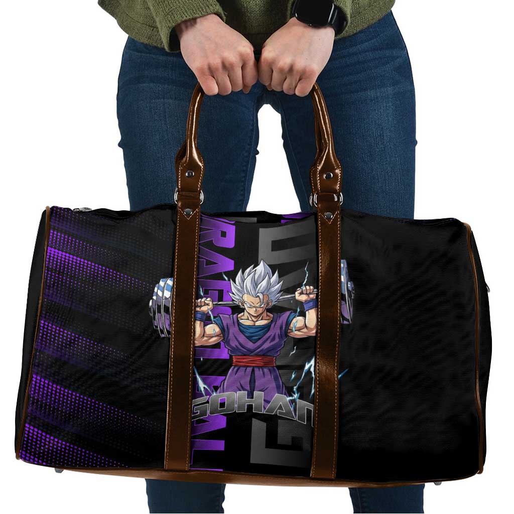 Gohan Dragon Ball Gym Theme Travel Bag with Dumbbell Power Lift and Electric Aura on Black and Purple Design - The Mazicc