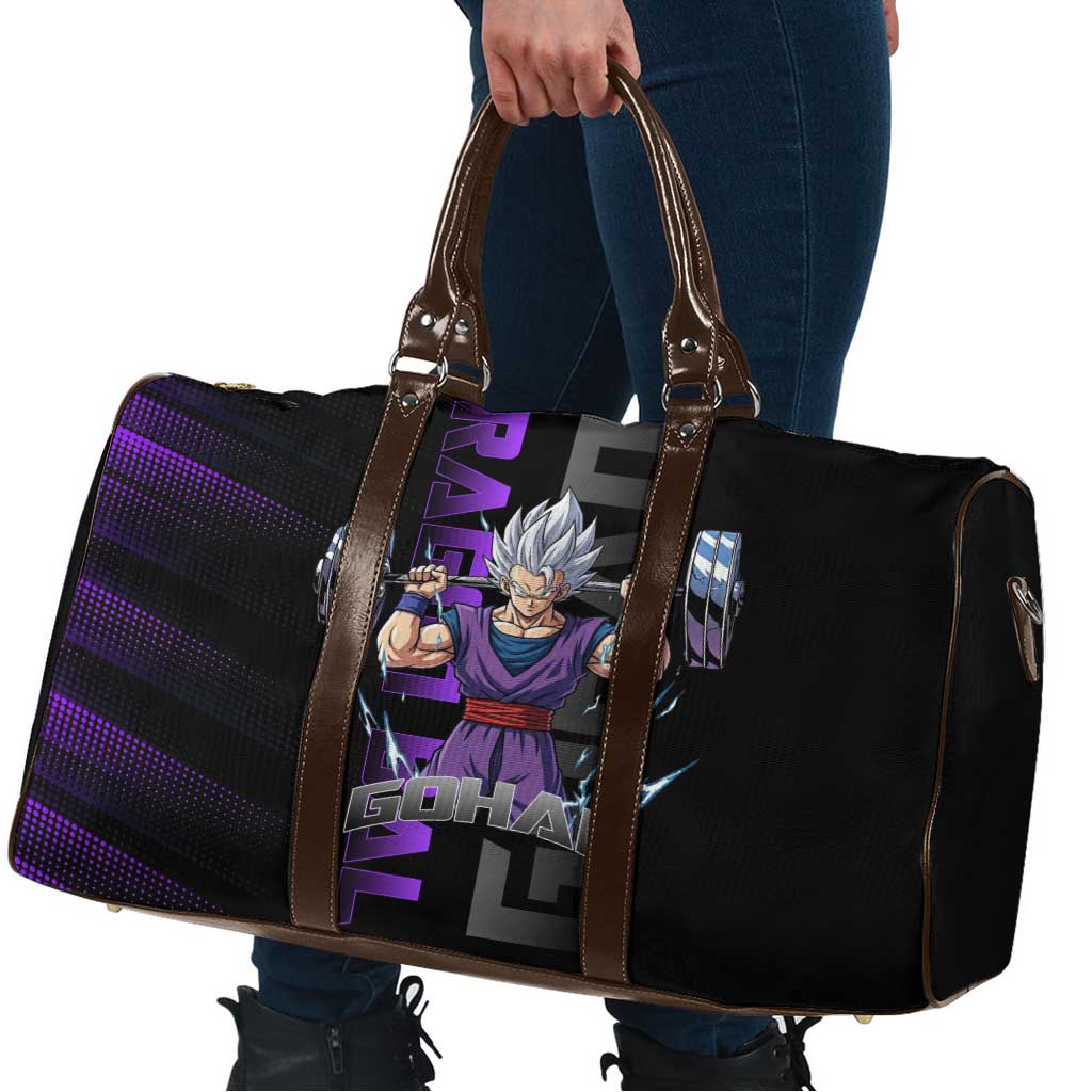 Gohan Dragon Ball Gym Theme Travel Bag with Dumbbell Power Lift and Electric Aura on Black and Purple Design - The Mazicc
