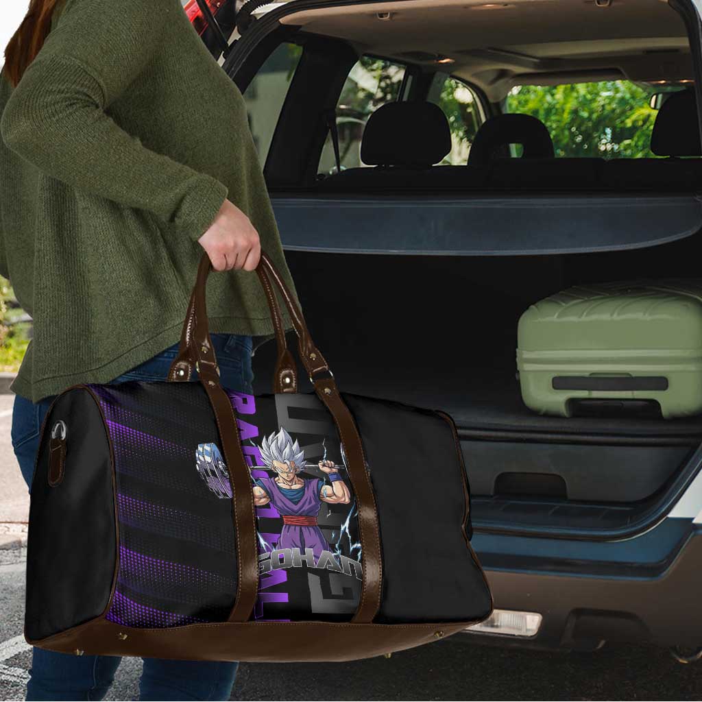 Gohan Dragon Ball Gym Theme Travel Bag with Dumbbell Power Lift and Electric Aura on Black and Purple Design - The Mazicc