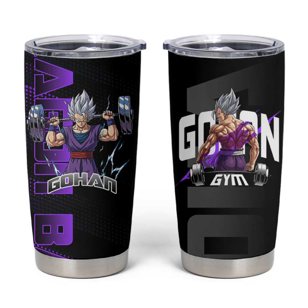 Gohan Dragon Ball Gym Theme Tumbler Cup with Dumbbell Power Lift and Electric Aura on Black and Purple Design - The Mazicc