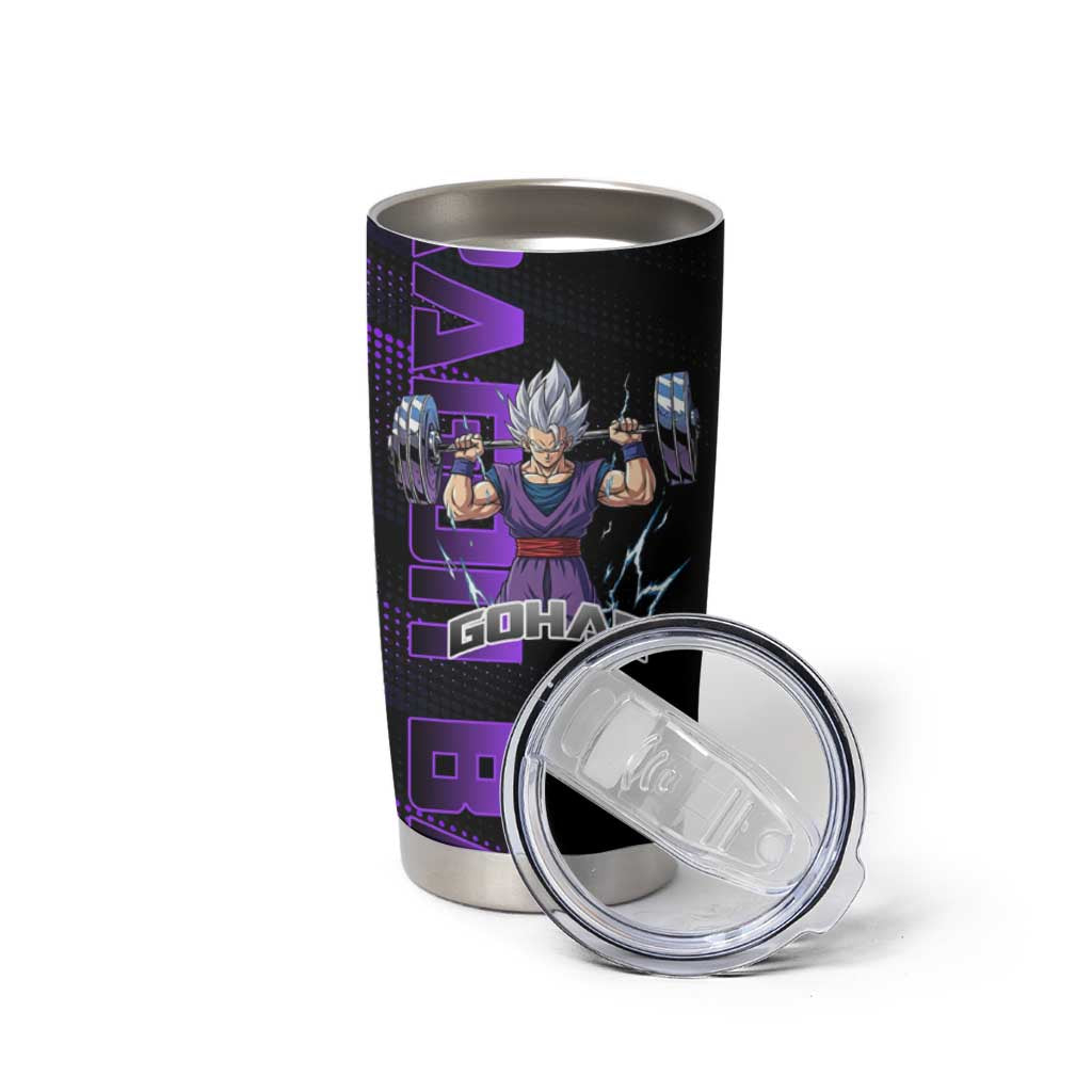 Gohan Dragon Ball Gym Theme Tumbler Cup with Dumbbell Power Lift and Electric Aura on Black and Purple Design - The Mazicc