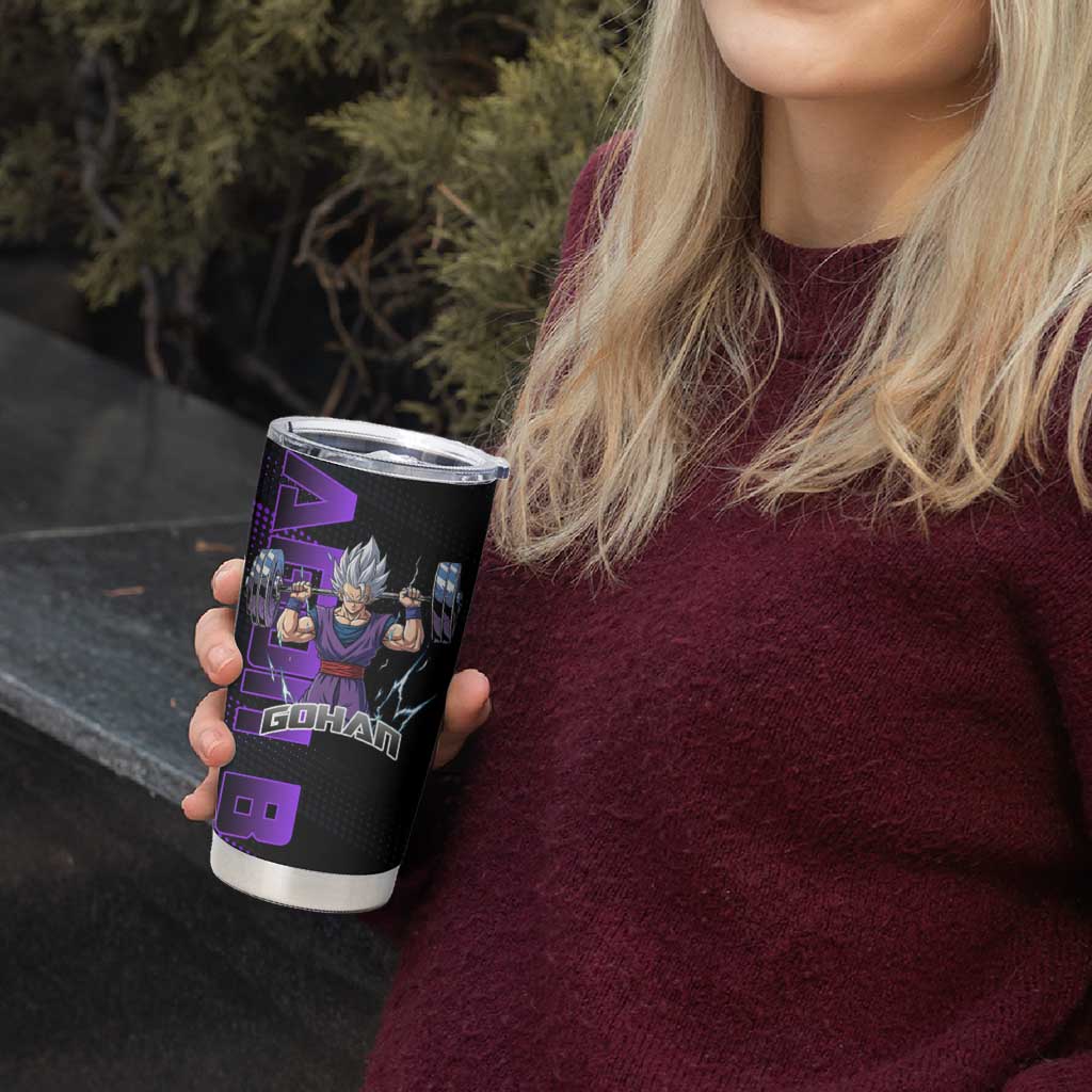 Gohan Dragon Ball Gym Theme Tumbler Cup with Dumbbell Power Lift and Electric Aura on Black and Purple Design - The Mazicc