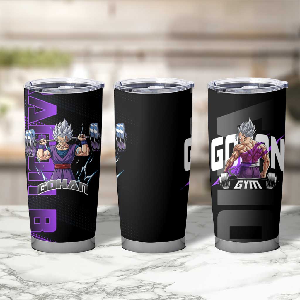 Gohan Dragon Ball Gym Theme Tumbler Cup with Dumbbell Power Lift and Electric Aura on Black and Purple Design - The Mazicc