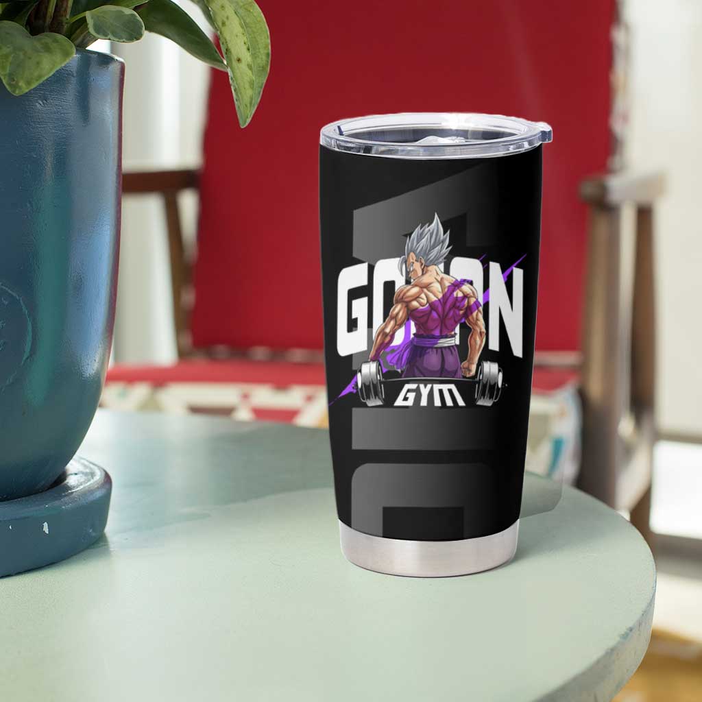 Gohan Dragon Ball Gym Theme Tumbler Cup with Dumbbell Power Lift and Electric Aura on Black and Purple Design - The Mazicc