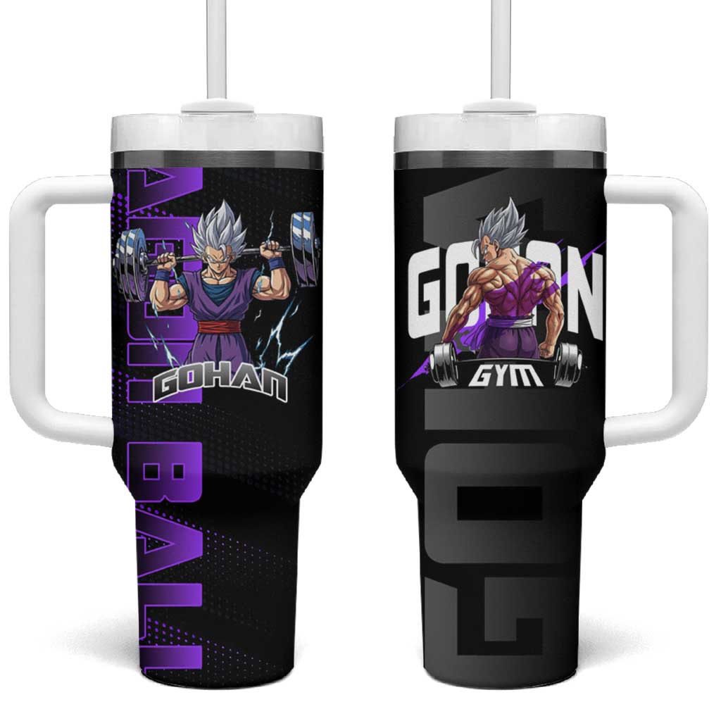 Gohan Dragon Ball Gym Theme Tumbler With Handle with Dumbbell Power Lift and Electric Aura on Black and Purple Design - The Mazicc