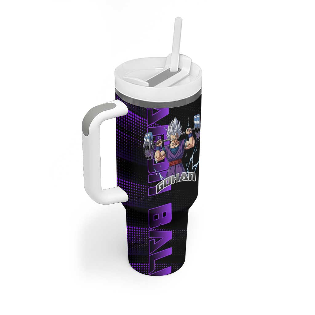 Gohan Dragon Ball Gym Theme Tumbler With Handle with Dumbbell Power Lift and Electric Aura on Black and Purple Design - The Mazicc
