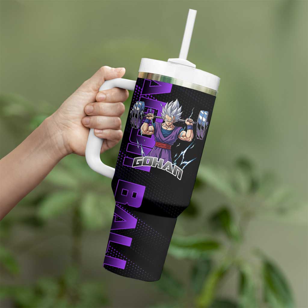 Gohan Dragon Ball Gym Theme Tumbler With Handle with Dumbbell Power Lift and Electric Aura on Black and Purple Design - The Mazicc