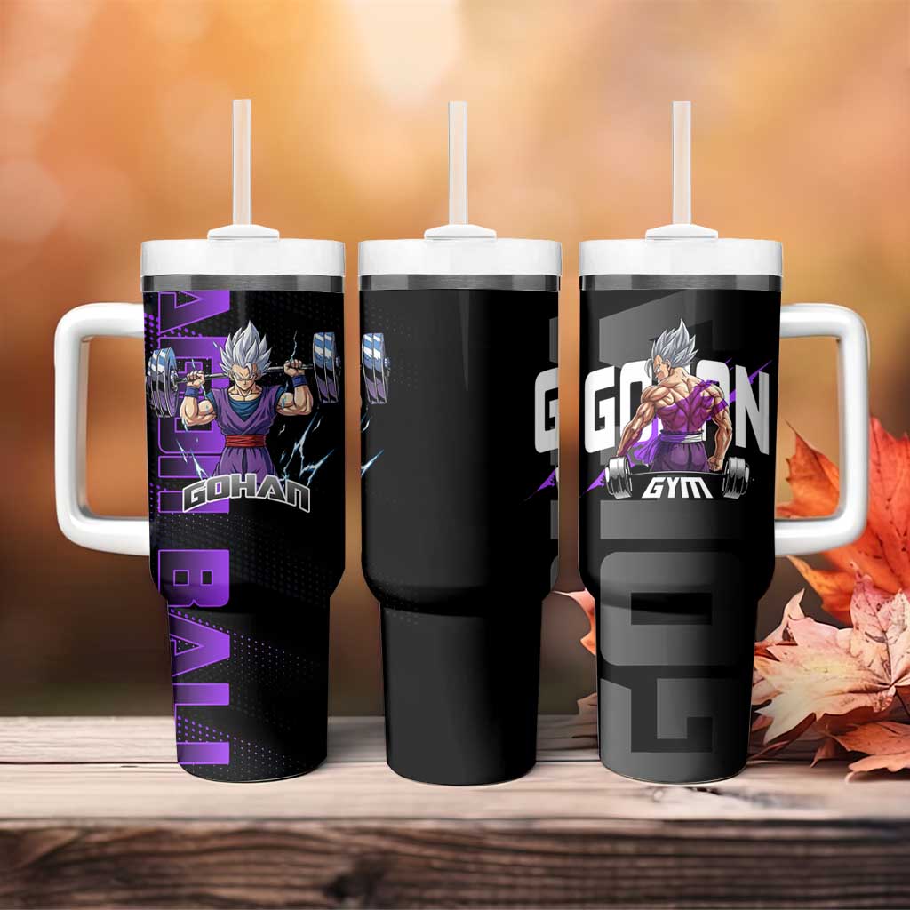 Gohan Dragon Ball Gym Theme Tumbler With Handle with Dumbbell Power Lift and Electric Aura on Black and Purple Design - The Mazicc