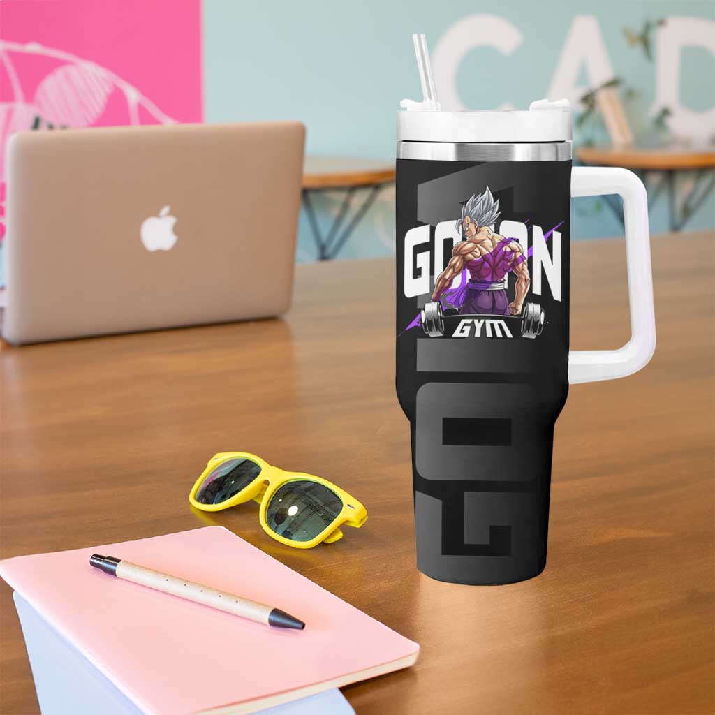 Gohan Dragon Ball Gym Theme Tumbler With Handle with Dumbbell Power Lift and Electric Aura on Black and Purple Design - The Mazicc