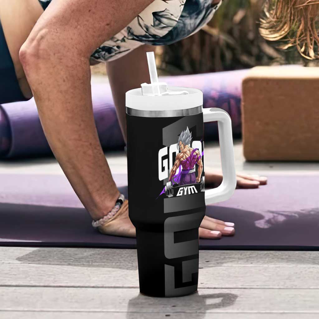 Gohan Dragon Ball Gym Theme Tumbler With Handle with Dumbbell Power Lift and Electric Aura on Black and Purple Design - The Mazicc