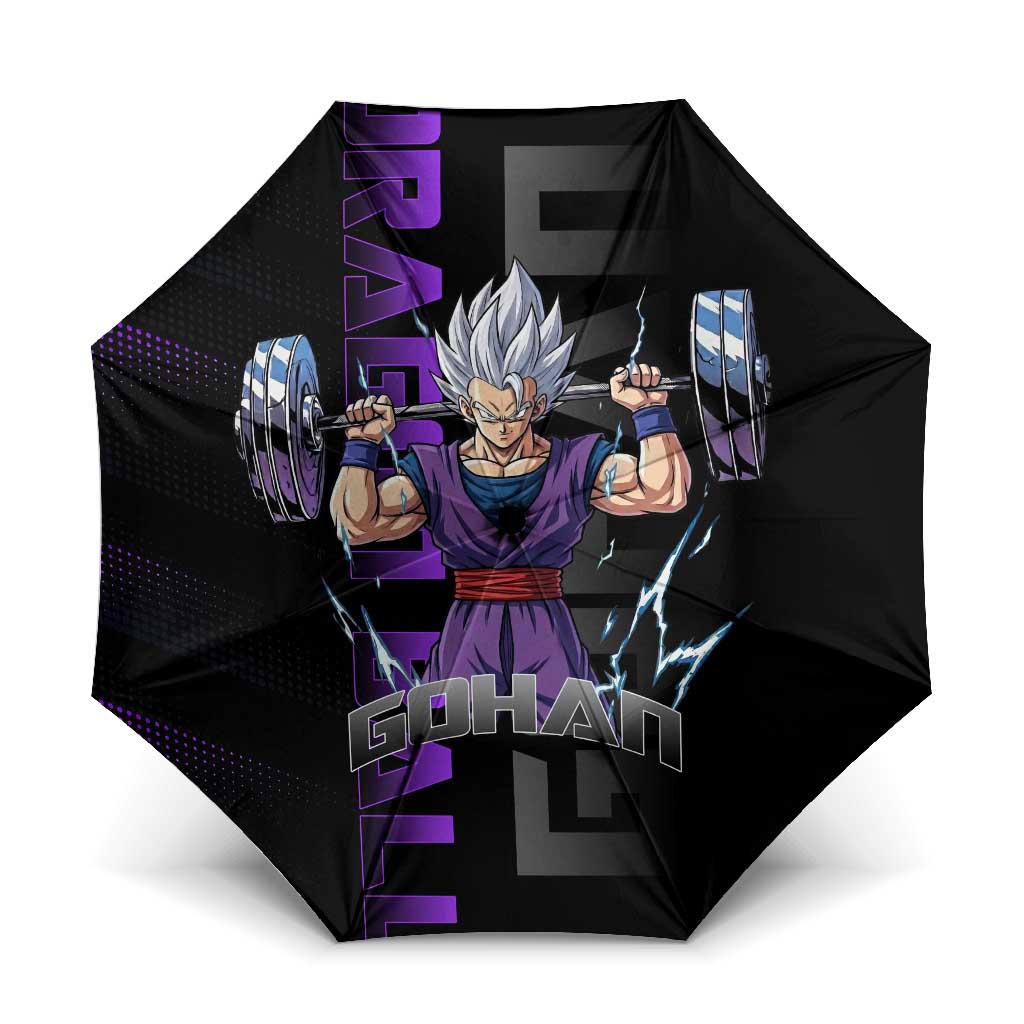 Gohan Dragon Ball Gym Theme Umbrella with Dumbbell Power Lift and Electric Aura on Black and Purple Design - The Mazicc