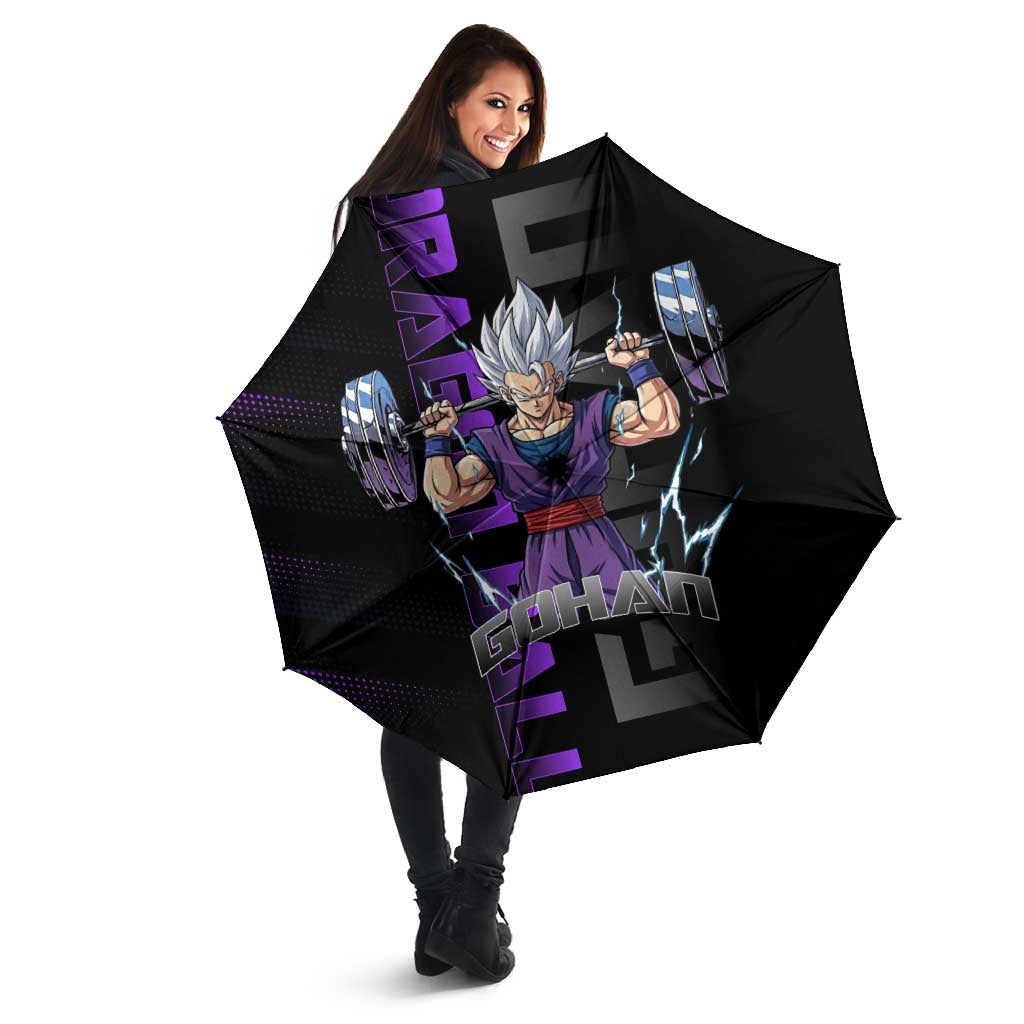 Gohan Dragon Ball Gym Theme Umbrella with Dumbbell Power Lift and Electric Aura on Black and Purple Design - The Mazicc