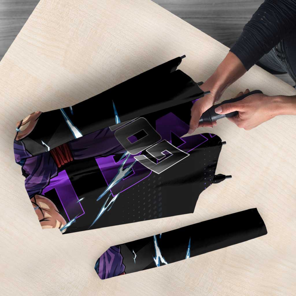 Gohan Dragon Ball Gym Theme Umbrella with Dumbbell Power Lift and Electric Aura on Black and Purple Design - The Mazicc