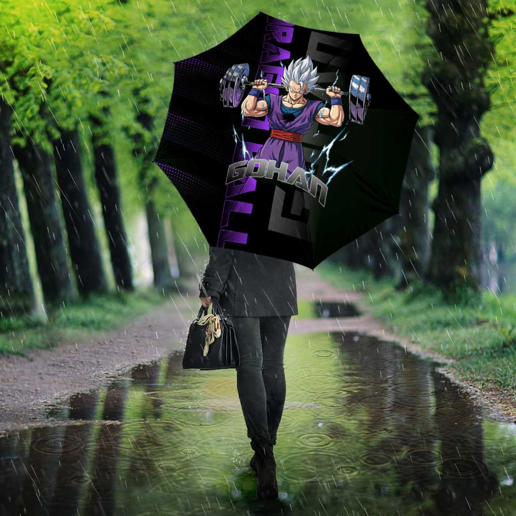 Gohan Dragon Ball Gym Theme Umbrella with Dumbbell Power Lift and Electric Aura on Black and Purple Design - The Mazicc