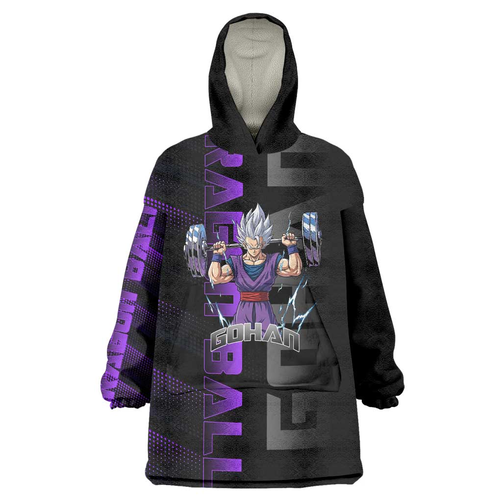 Gohan Dragon Ball Gym Theme Wearable Blanket Hoodie with Dumbbell Power Lift and Electric Aura on Black and Purple Design - The Mazicc