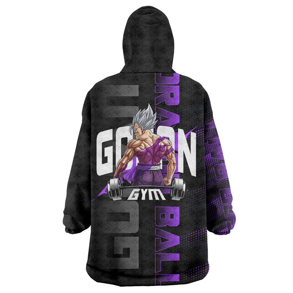 Gohan Dragon Ball Gym Theme Wearable Blanket Hoodie with Dumbbell Power Lift and Electric Aura on Black and Purple Design - The Mazicc