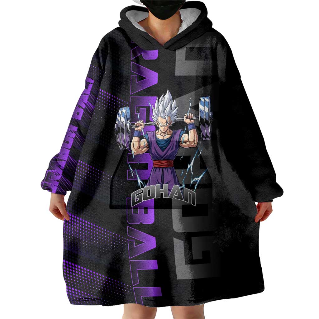 Gohan Dragon Ball Gym Theme Wearable Blanket Hoodie with Dumbbell Power Lift and Electric Aura on Black and Purple Design - The Mazicc