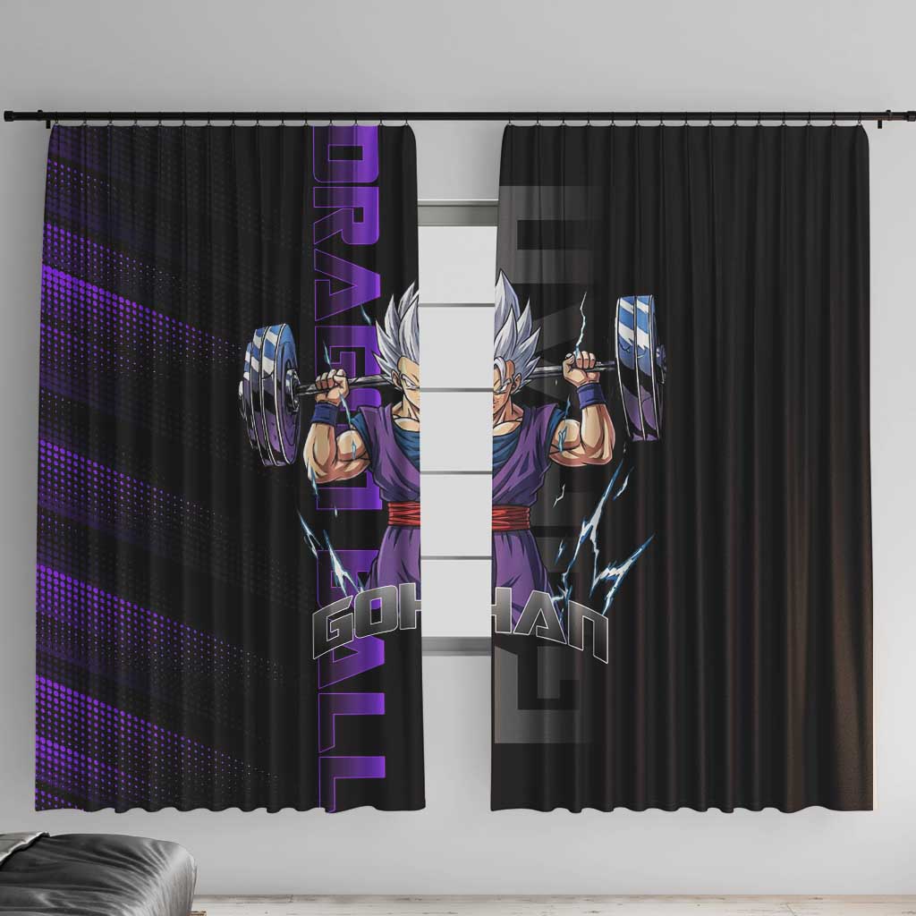 Gohan Dragon Ball Gym Theme Window Curtain with Dumbbell Power Lift and Electric Aura on Black and Purple Design - The Mazicc