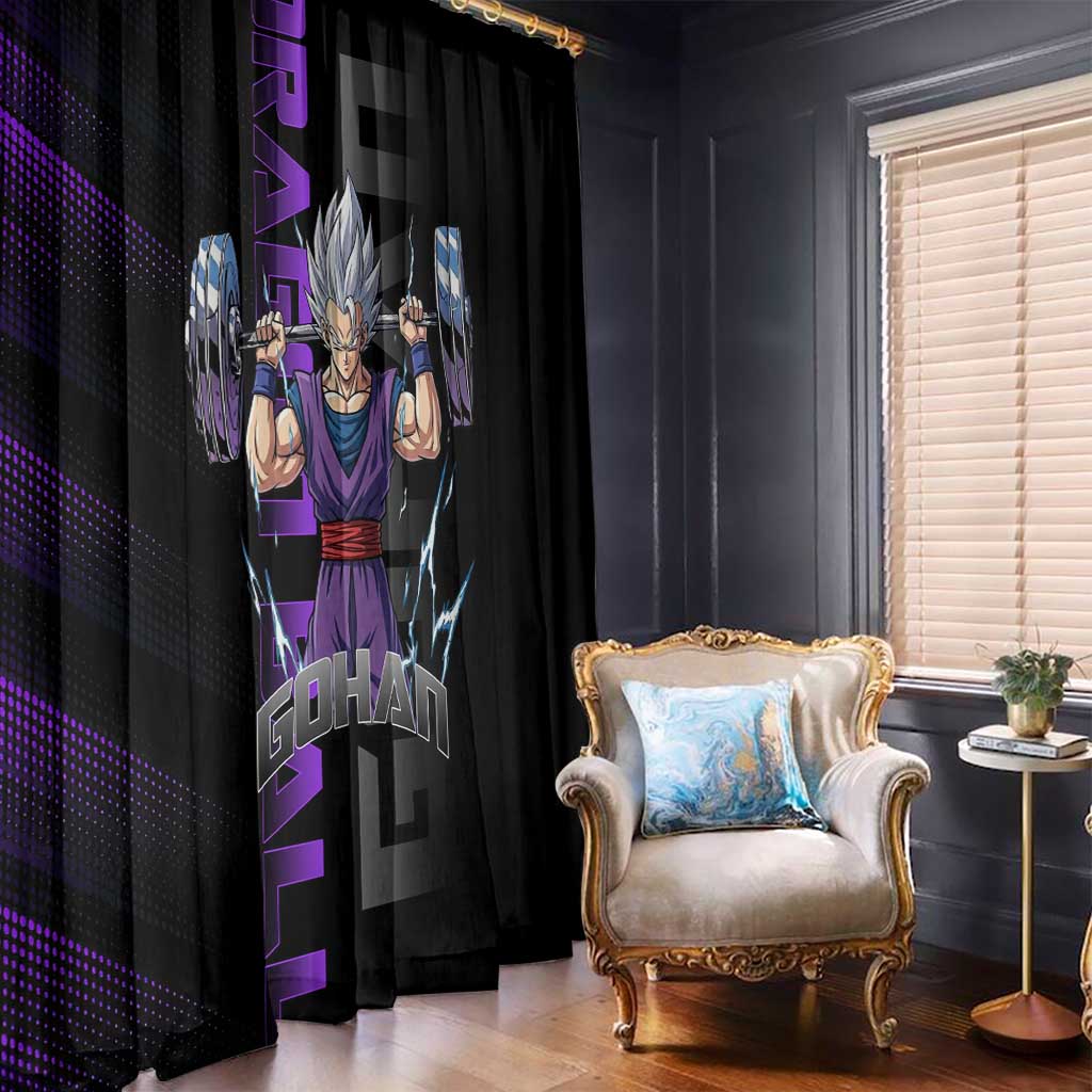 Gohan Dragon Ball Gym Theme Window Curtain with Dumbbell Power Lift and Electric Aura on Black and Purple Design - The Mazicc