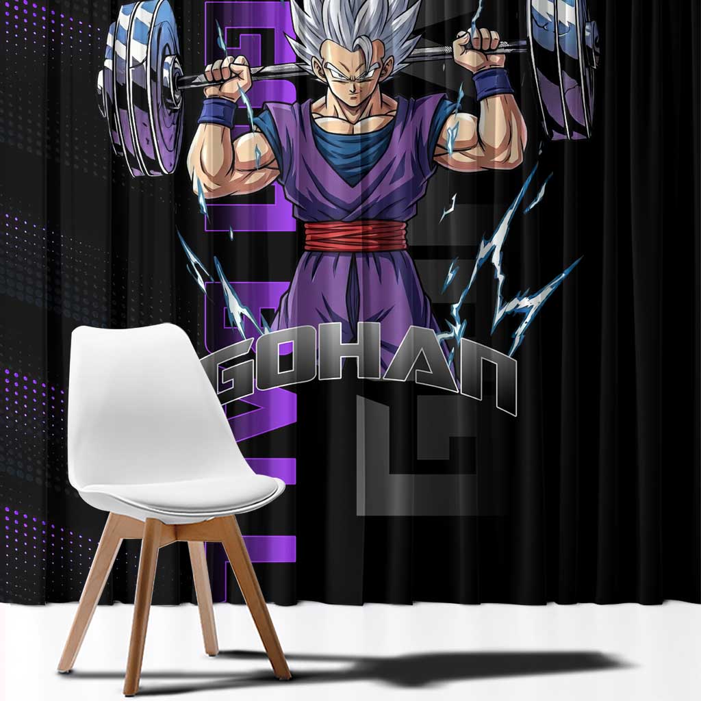 Gohan Dragon Ball Gym Theme Window Curtain with Dumbbell Power Lift and Electric Aura on Black and Purple Design - The Mazicc