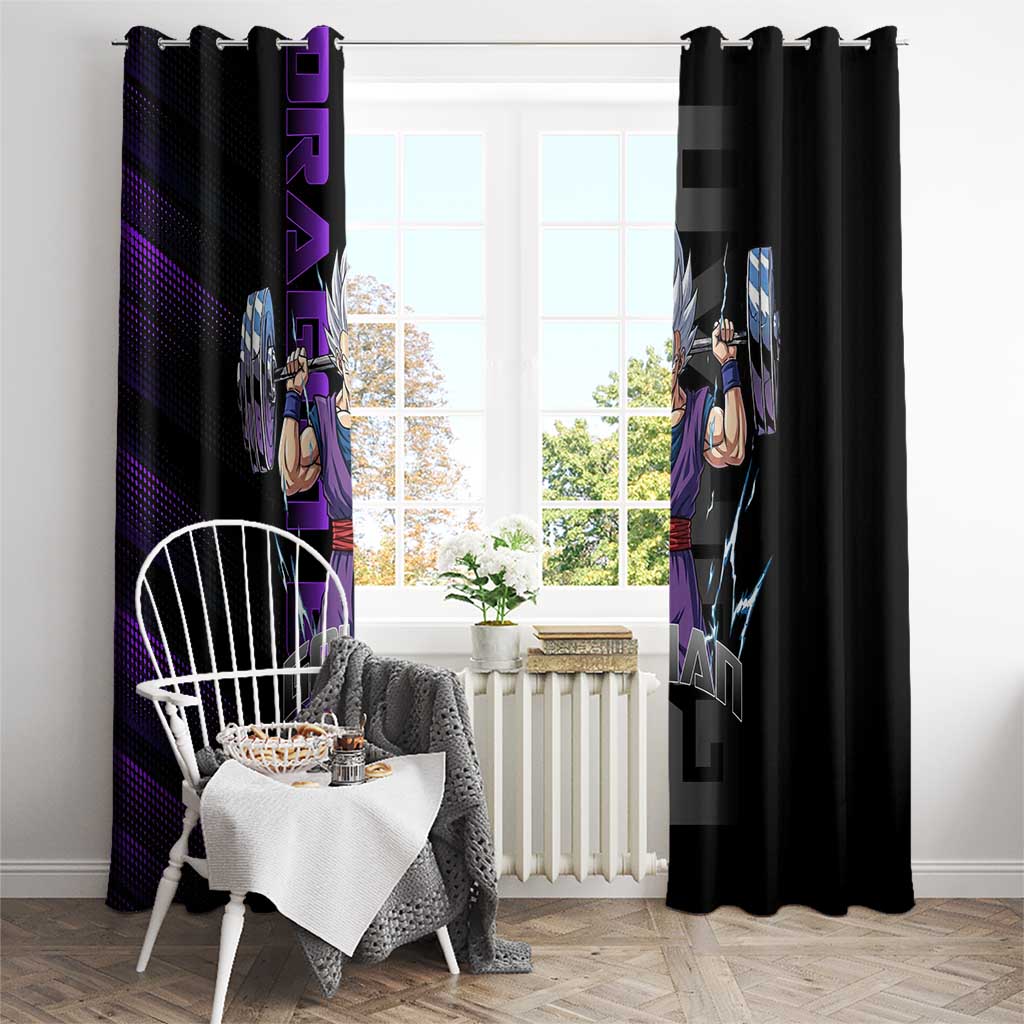 Gohan Dragon Ball Gym Theme Window Curtain with Dumbbell Power Lift and Electric Aura on Black and Purple Design - The Mazicc