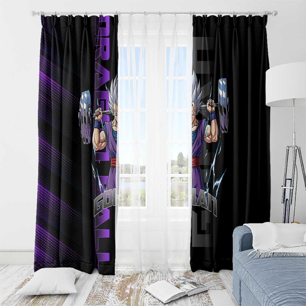 Gohan Dragon Ball Gym Theme Window Curtain with Dumbbell Power Lift and Electric Aura on Black and Purple Design - The Mazicc