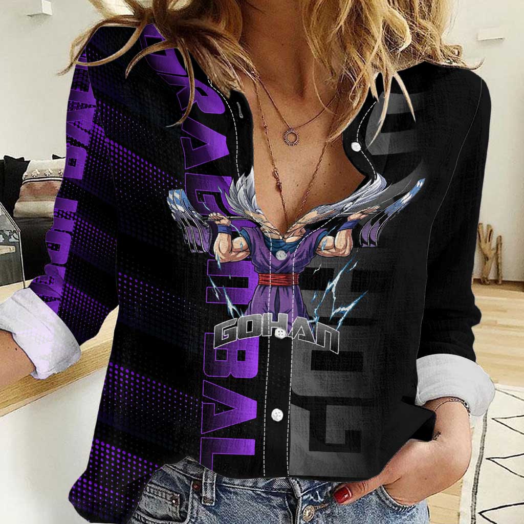 Gohan Dragon Ball Gym Theme Women Casual Shirt with Dumbbell Power Lift and Electric Aura on Black and Purple Design - The Mazicc