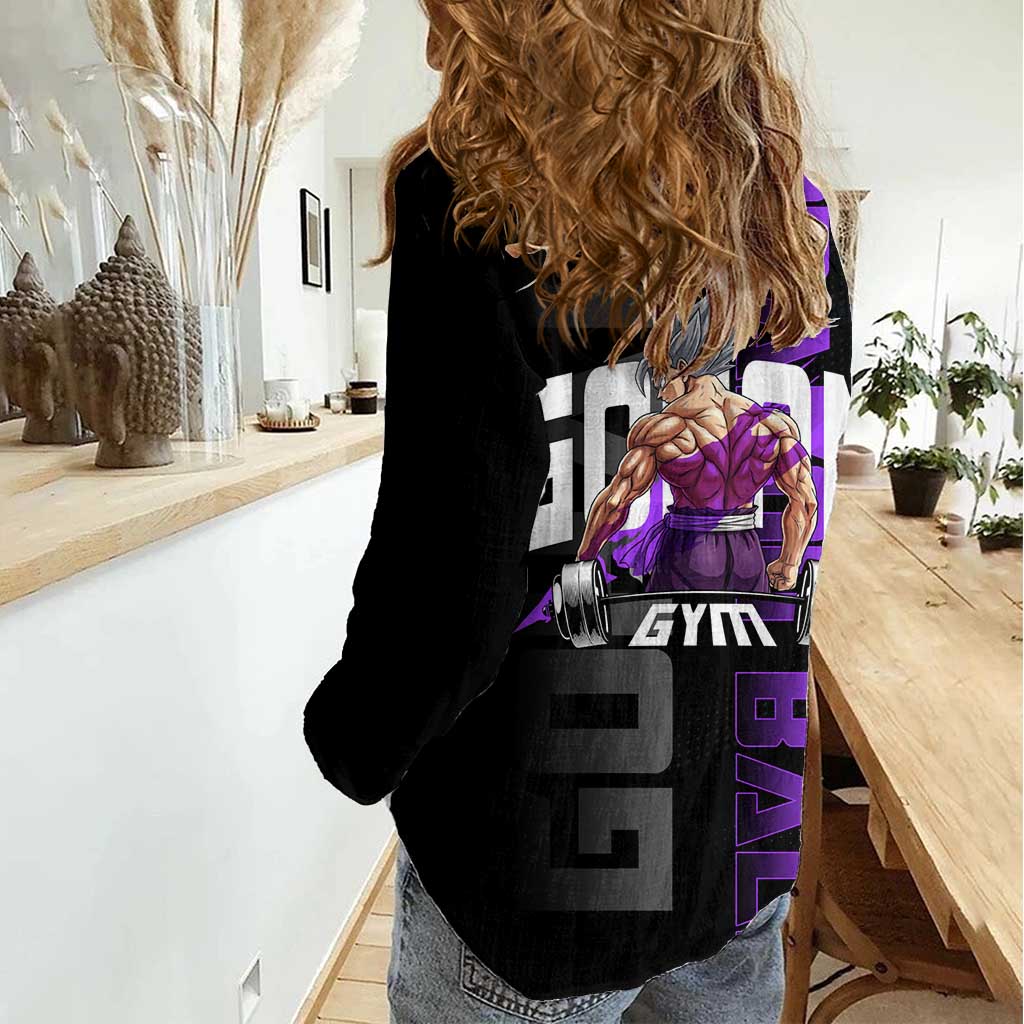 Gohan Dragon Ball Gym Theme Women Casual Shirt with Dumbbell Power Lift and Electric Aura on Black and Purple Design - The Mazicc