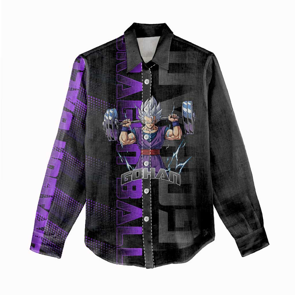 Gohan Dragon Ball Gym Theme Women Casual Shirt with Dumbbell Power Lift and Electric Aura on Black and Purple Design - The Mazicc