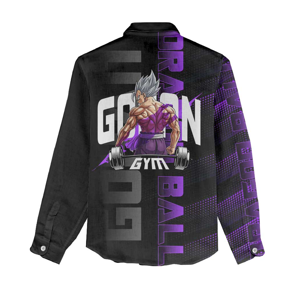 Gohan Dragon Ball Gym Theme Women Casual Shirt with Dumbbell Power Lift and Electric Aura on Black and Purple Design - The Mazicc