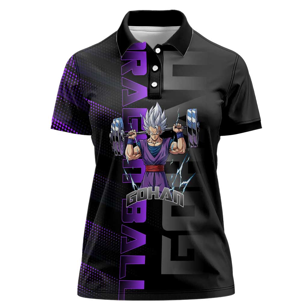 Gohan Dragon Ball Gym Theme Women Polo Shirt with Dumbbell Power Lift and Electric Aura on Black and Purple Design - The Mazicc