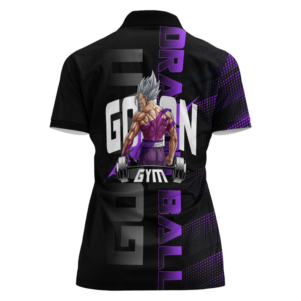 Gohan Dragon Ball Gym Theme Women Polo Shirt with Dumbbell Power Lift and Electric Aura on Black and Purple Design - The Mazicc
