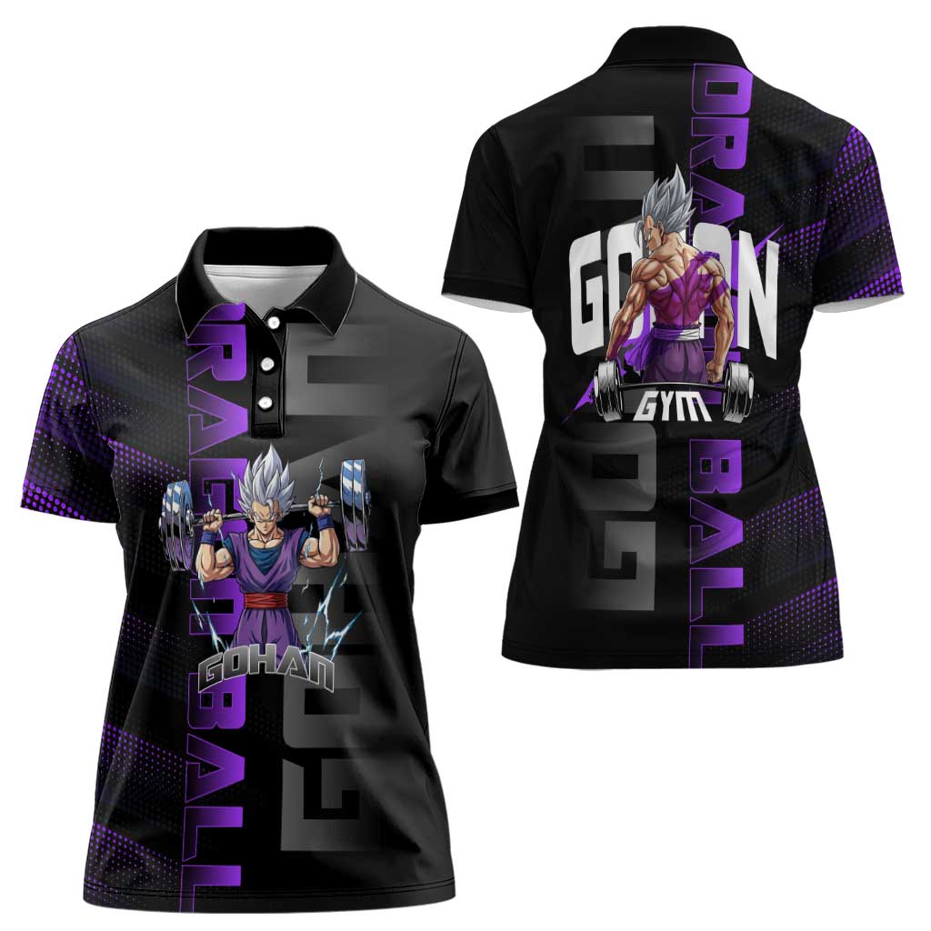 Gohan Dragon Ball Gym Theme Women Polo Shirt with Dumbbell Power Lift and Electric Aura on Black and Purple Design - The Mazicc