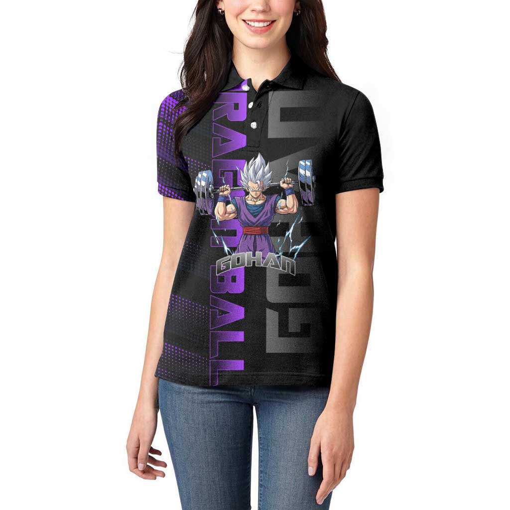 Gohan Dragon Ball Gym Theme Women Polo Shirt with Dumbbell Power Lift and Electric Aura on Black and Purple Design - The Mazicc