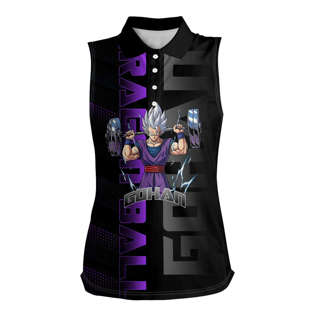 Gohan Dragon Ball Gym Theme Women Sleeveless Polo Shirt with Dumbbell Power Lift and Electric Aura on Black and Purple Design - The Mazicc